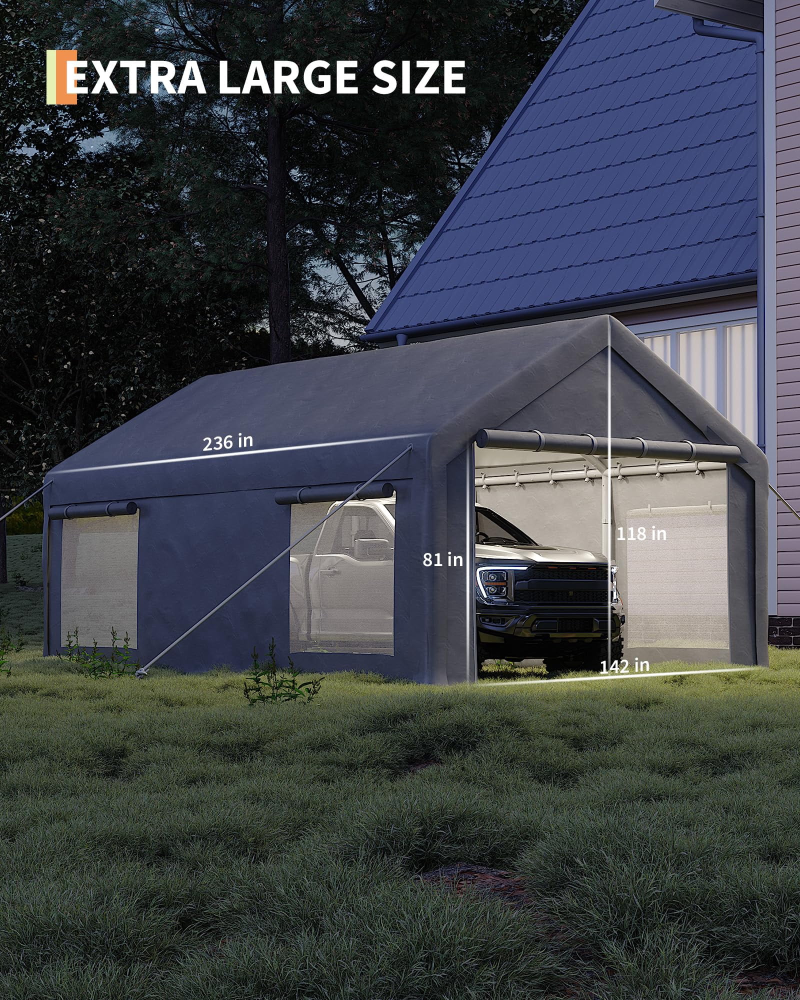 Luku Heavy Duty 12x20 FT Portable Carport, 200g PE Canopy, Galvanized Steel Frame, Zippered Roll-Up Doors & Vent Mesh Windows, All-Weather Outdoor Garage for Pickups, Boats, Equipment