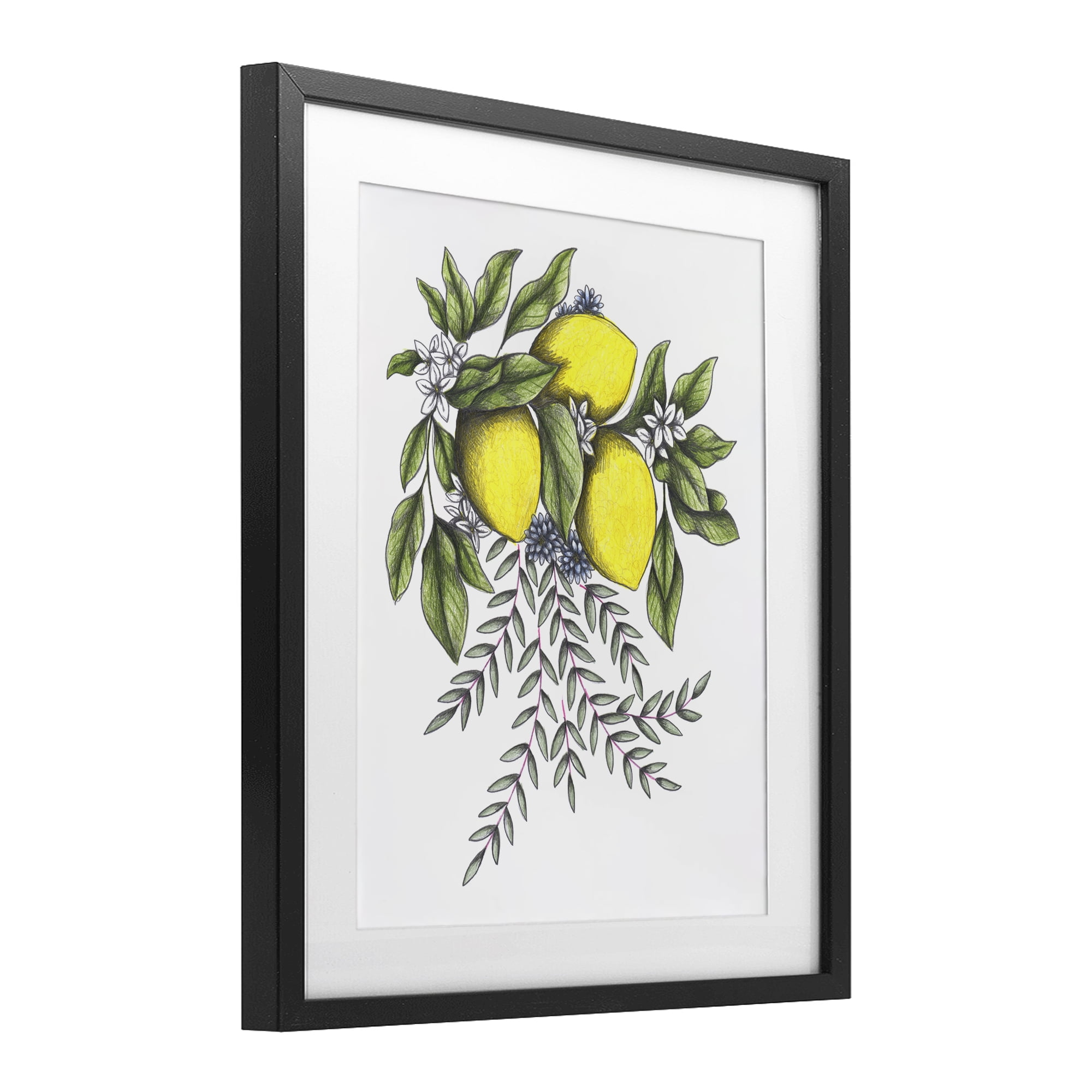 Lemons & Flowers Vintage Sketch Black Framed Print Under Glass, design by Cecilia Battaini