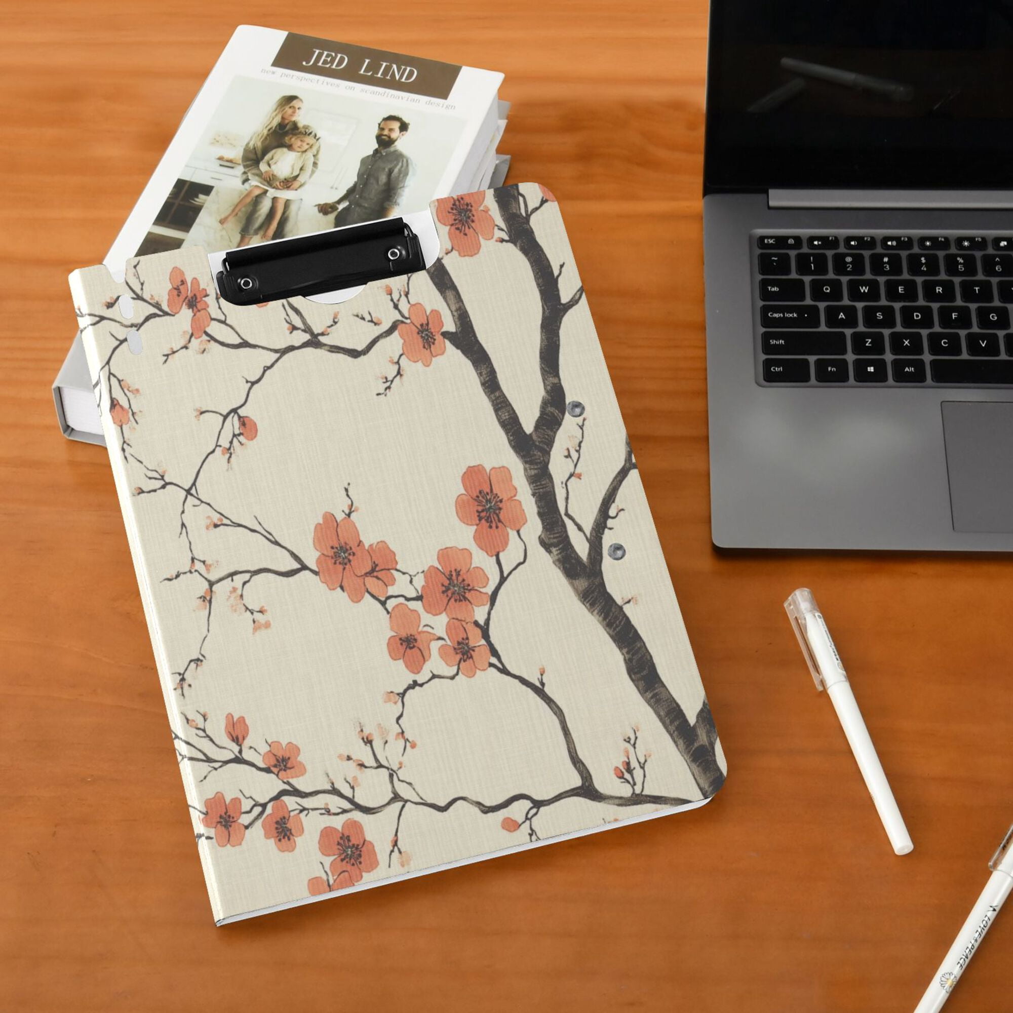 FORMRS A4 Clipboard Folder with Pen Holder Horizontal Foldable School Office Binder, Light Red Flowers