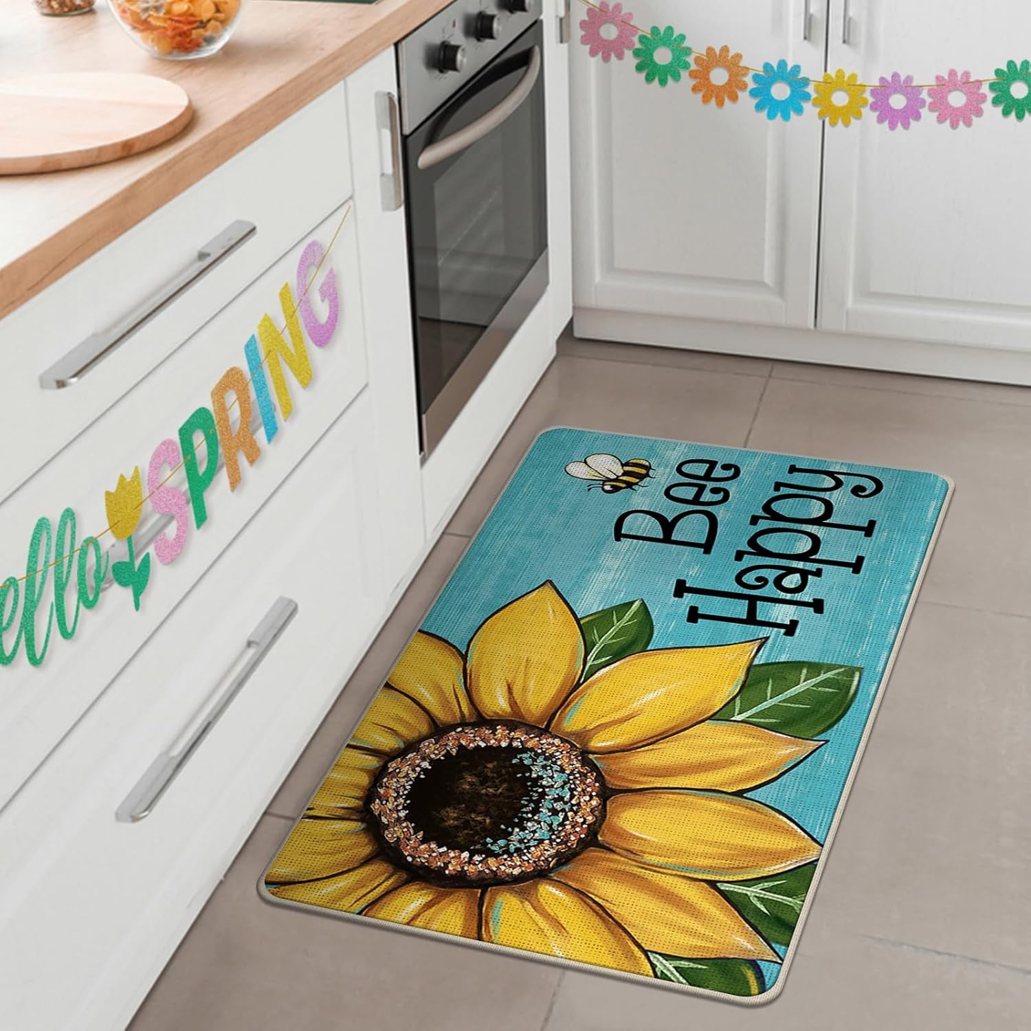 Spring Summer Sunflower Decorative Front Door Mat, Bee Happy Floral Blue Doormat Indoor Outdoor Non-Slip Floor Entryway Rug, Seasonal Home Kitchen Decoration 17x29 Inch