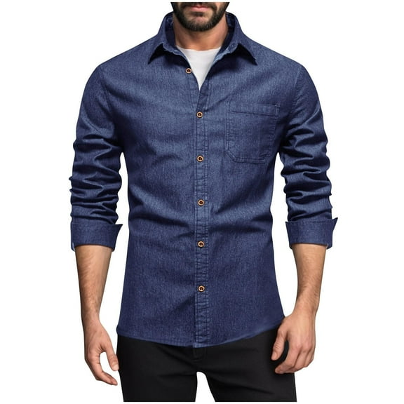 IYTR Mens Denim Shirt Long Sleeve Slim Fit Jean Work Shirts for Men Button Down Causal Streetwear Hiking Travel Fall Shirt (Navy,XXL)