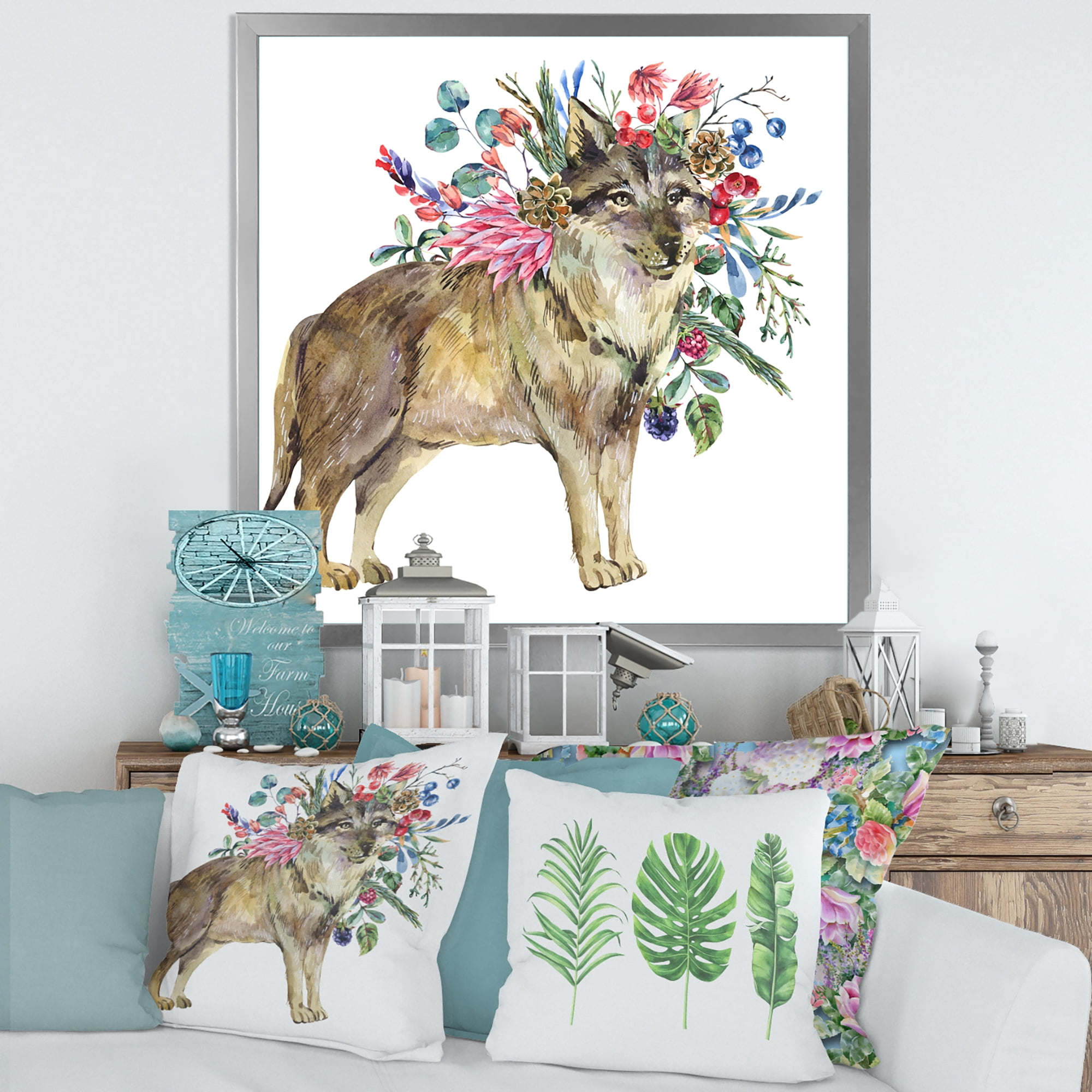 Designart 'Wolf With Woodland Flowers On White' Farmhouse Framed Art Print