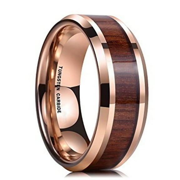 Wedding Rings For Men. 8mm Rose Gold & Koa Wood Tungsten Wedding Band