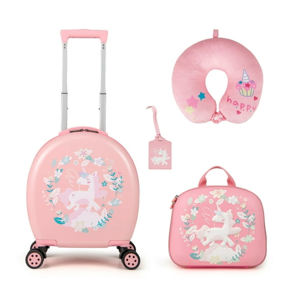 Gymax 4-Piece Kid's Luggage Set w/ 14'' Carry-on Hardside Spinner Toddler Luggage Pink