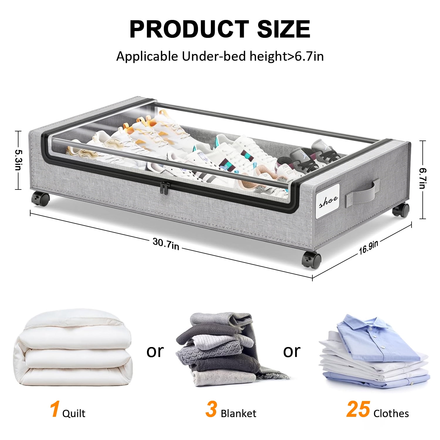 FOUKUS Under Bed Storage with Wheels:2 Pack Under the Bed Storage Bins, Collapsible Under Bed Storage Bags for Clothes, Sheets,Shoes,Linen-like Grey