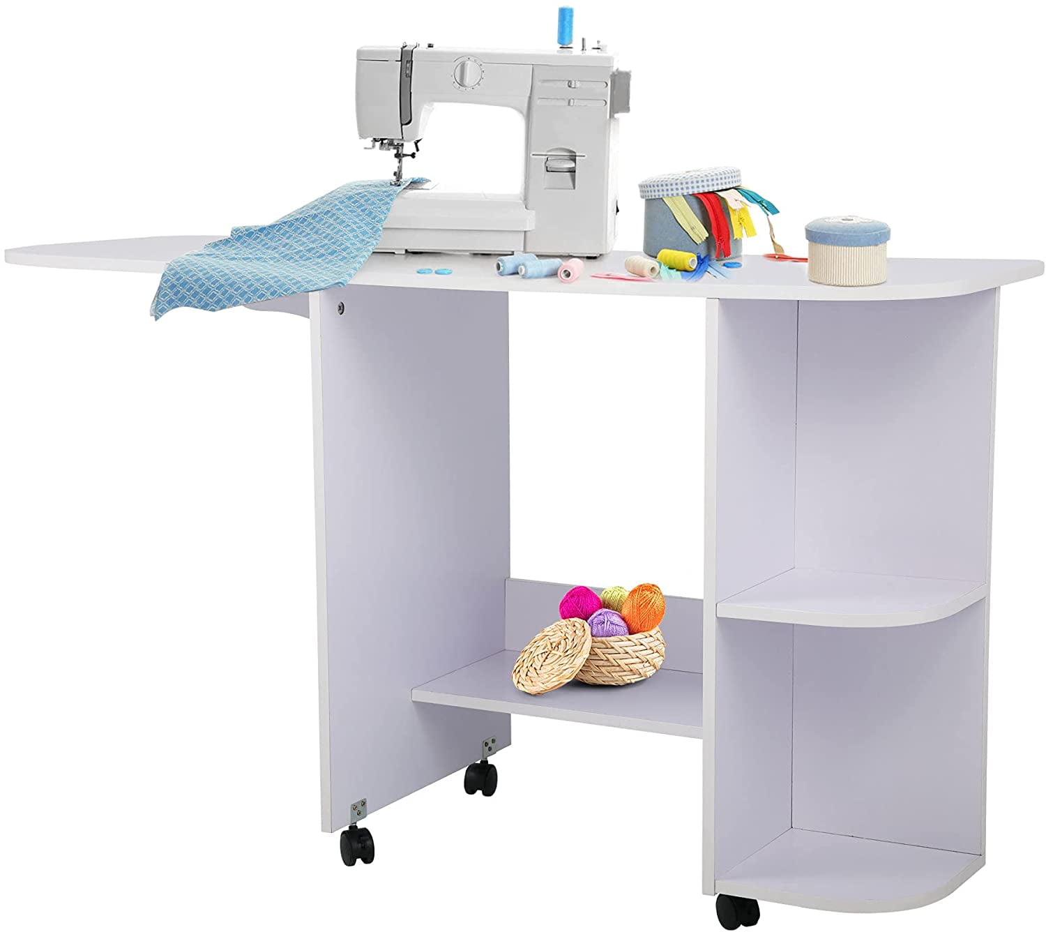 Multifunctional Sewing Table with Storage Cabinet and Lockable Casters Brown UK 