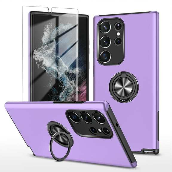 ELEHOLD for Samsung Galaxy S24 Plus Rugged Case with Metal Ring Holder Kickstand Work with Magnetic Car Mount Shockproof Hybrid Cover with 1 Pack Screen Protector for Samsung S24 Plus,Purple