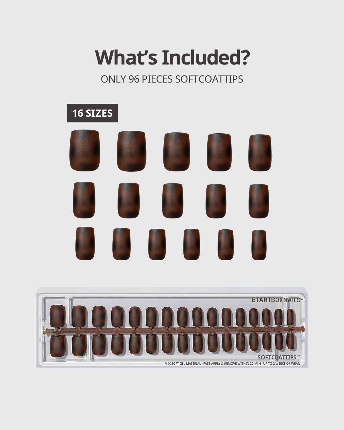 BTArtboxnails SOFTCOATTIPS Press On Nails - Tortoiseshell Almond Press On Nails Short, 96Pcs Salon Quality Soak Off Soft Gel Nail Tips in 16 Sizes