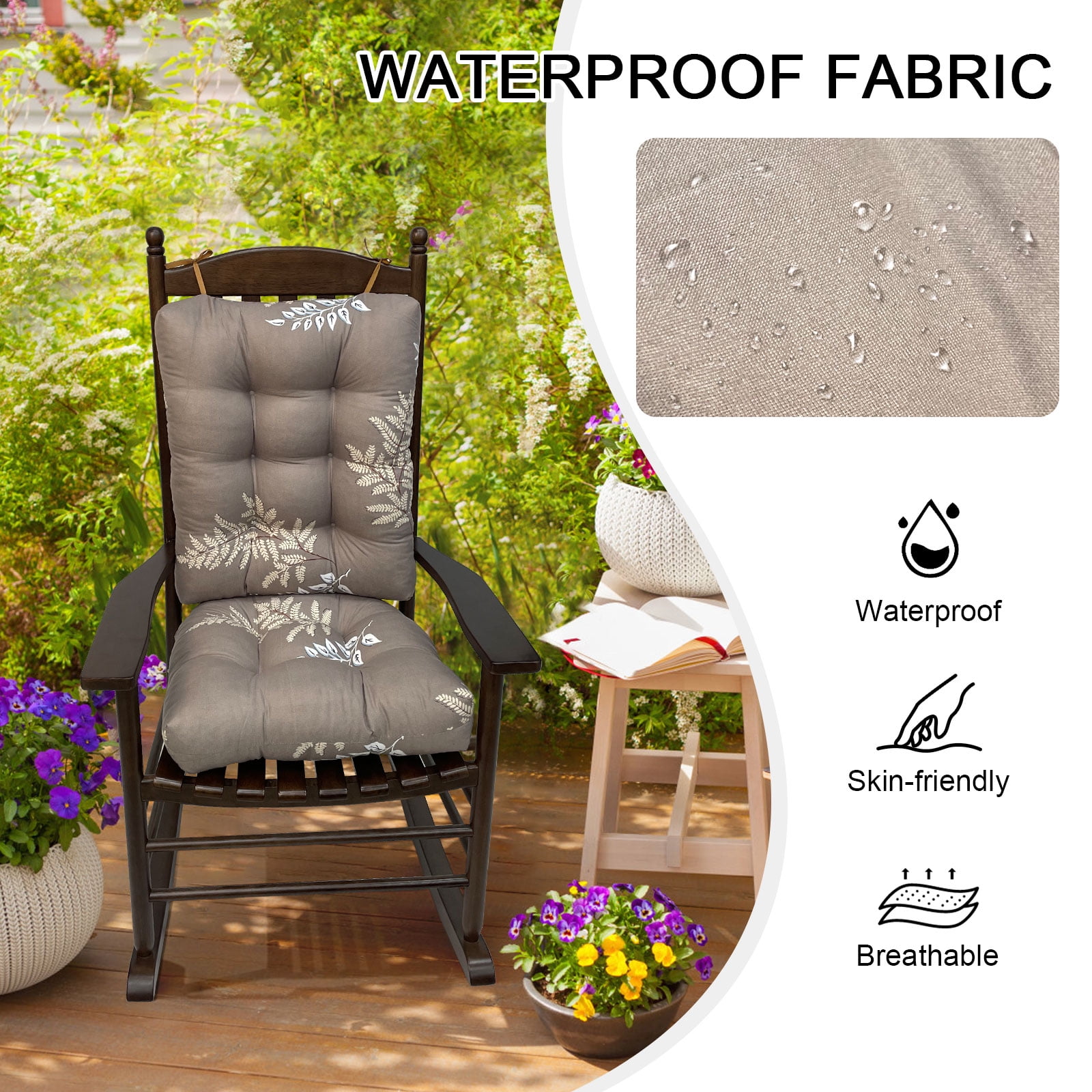 KALAKALA Outdoor Rocking Chair Cushions Pack of 2 Patio Chair Cushion Pad Sets Patio High Back Chair Seat Cushions with Ties for Garden Patio Furniture, Green Leaves