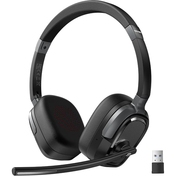 TECKNET Wireless Headset with Mic for Work, V6.0 Bluetooth Headset with AI Noise-Cancelling Microphone & USB-A Dongle, 50H Playtime & Mute, On-Ear Headphones for PC, Laptop, Phone, Office & Trucker