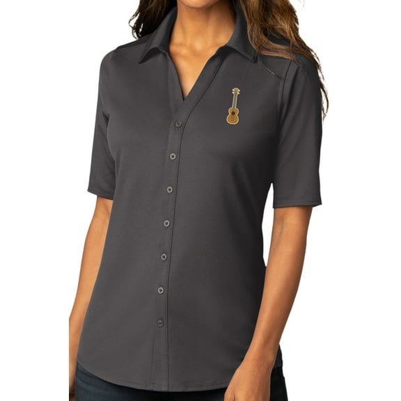 Womens Ukulele Patch Button-Down Stretch Shirt, 3XL Graphite Gray