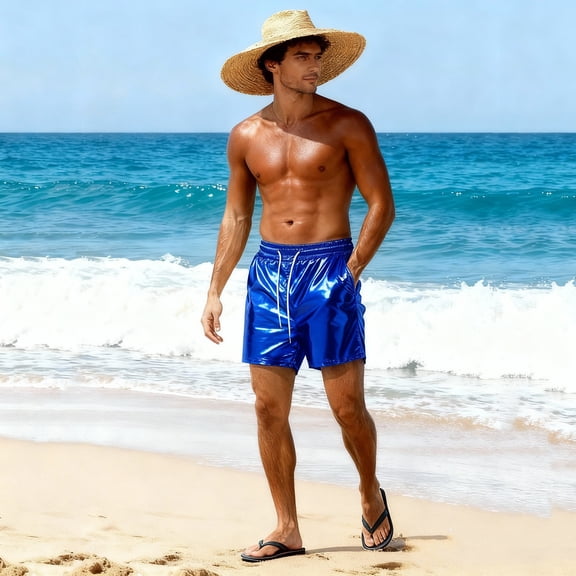 PNTUTB Summer Men's Fashion Solid Color Shiny Leather Elastic Waist Drawstring Casual Swim Shorts with Pockets