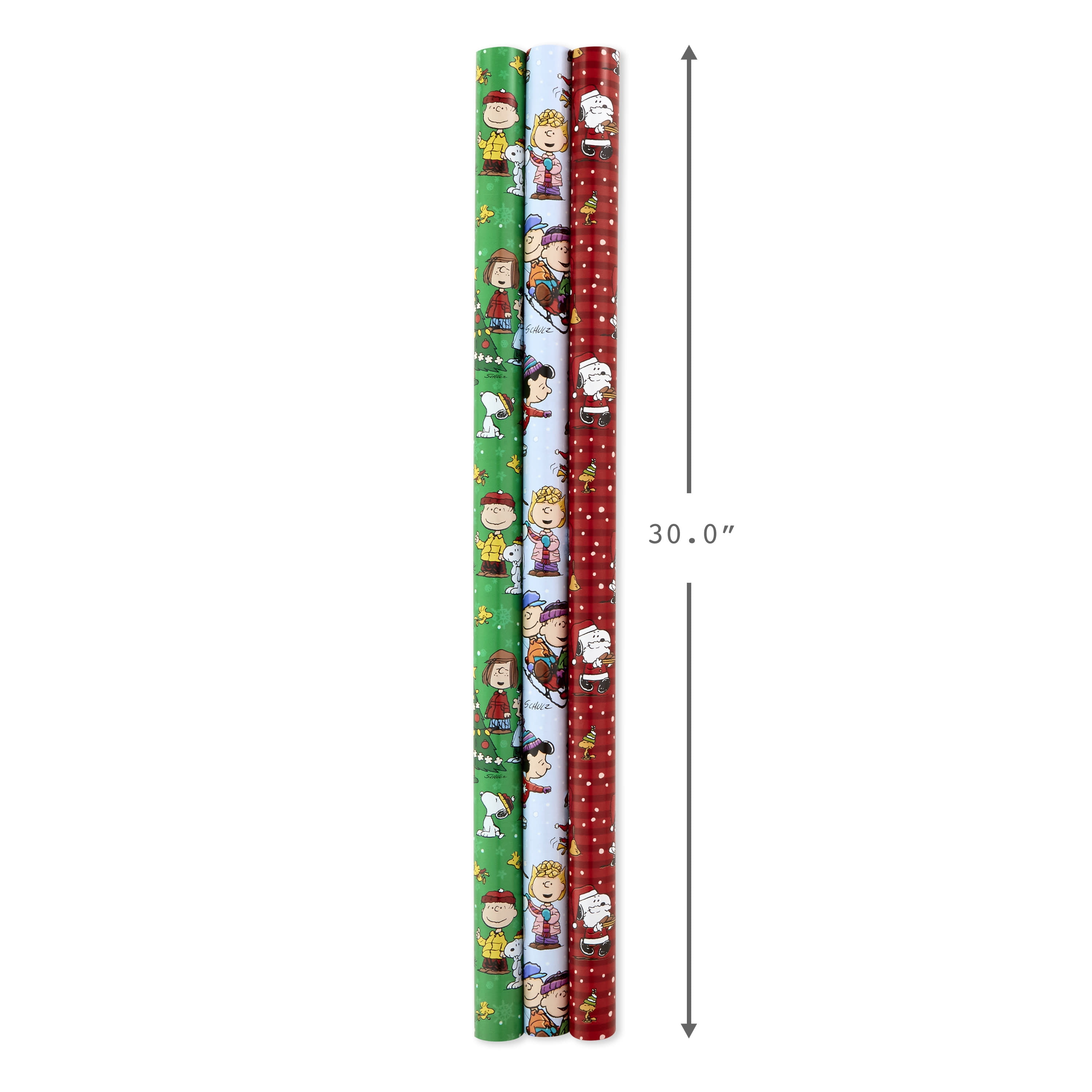 Hallmark Christmas Peanuts Wrapping Paper with Cut Lines on Reverse (Pack of 3, 105 sq. ft. ttl) Snoopy, Charlie Brown, Woodstock