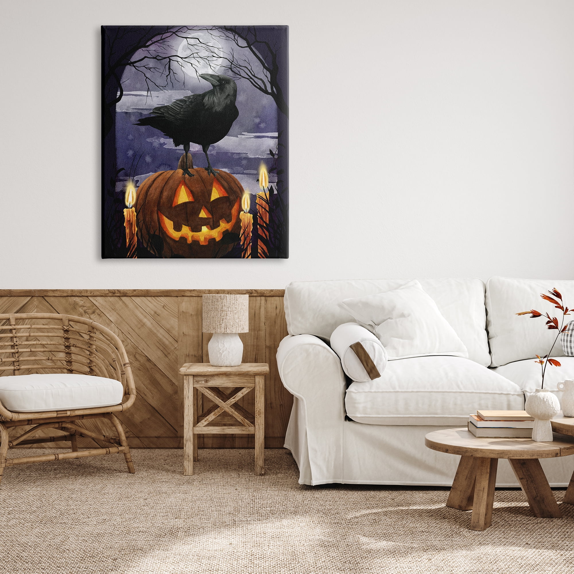 Stupell Industries Spooky Halloween Night Sky Crow Jack-o'-lantern Full Moon, 36 x 48, Design by Grace Popp
