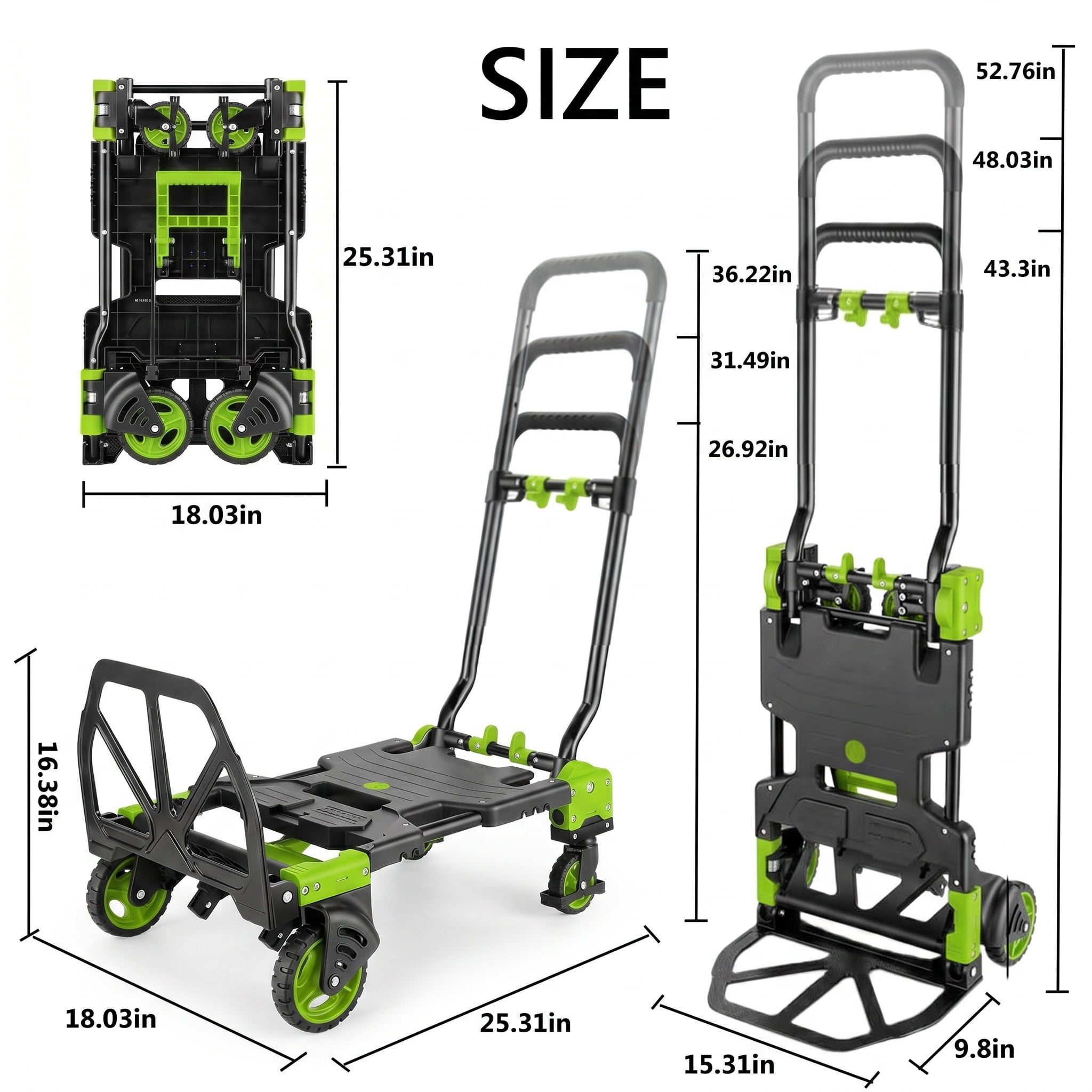 Adnoom 2-in-1 Folding Hand Truck Heavy Duty, 300 lbs Capacity Utility Cart with 4 Wheels, Retractable Handle Convertible Platform Dolly for Moving Boxes Furniture Luggage, Green