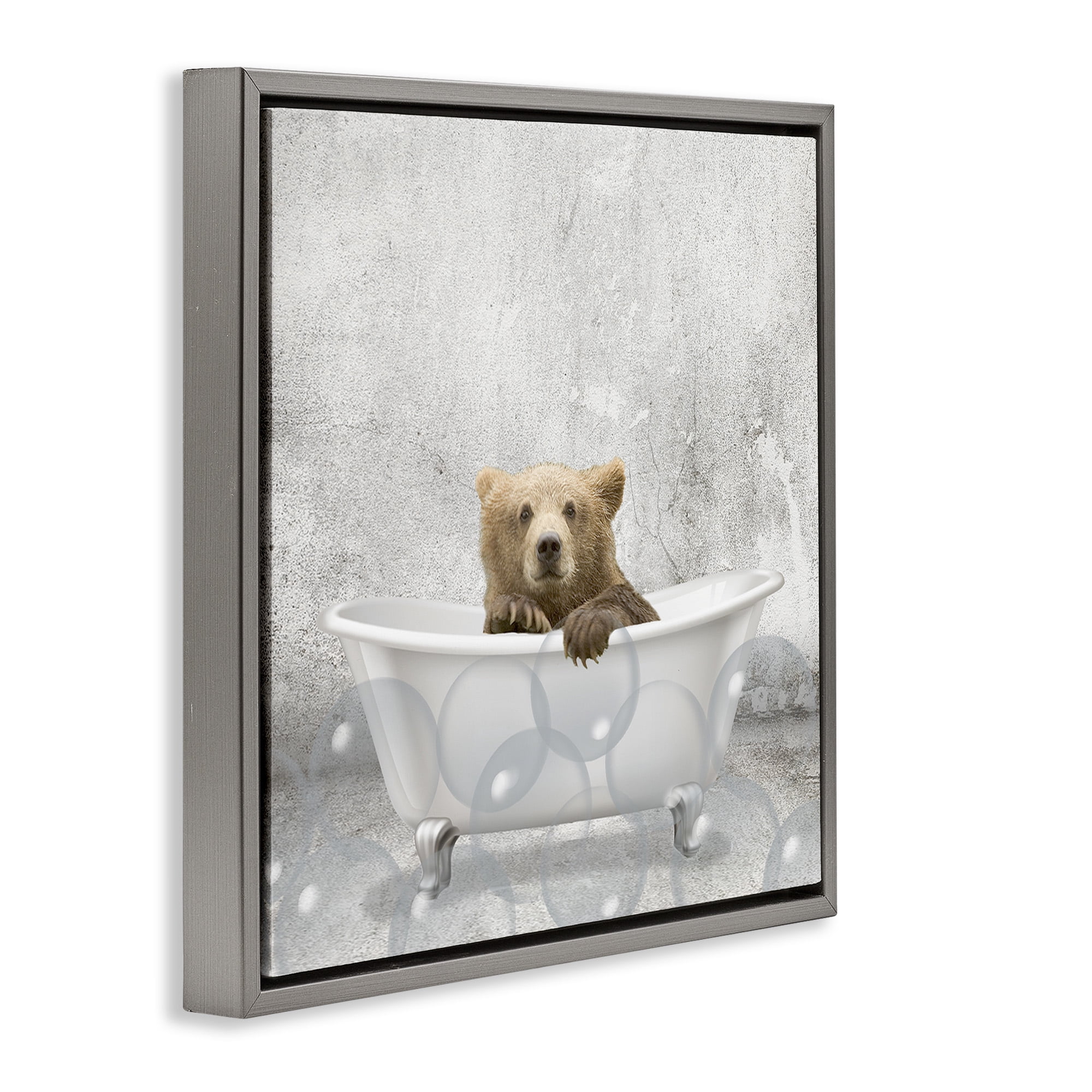 Stupell Industries Baby Bear Bath Time Animals & Insects Painting Gray Floater Framed Canvas Art Print Wall Art, 18 x 18