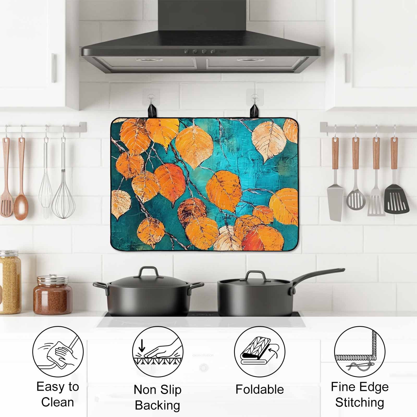 Orange Leaf Stove Top Cover for Electric Stove, Heat-proof & Non Slip Glass Top Stove Cover Protector, Abstract Oil Painting Branch Turquoise Kitchen Flat Cooktop Rubber Mat 24x21 Inches