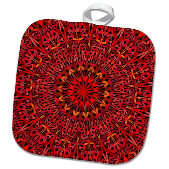 3dRose, Red Round Mandala Garden - abstract bohemian graphic, 8x8 Potholder