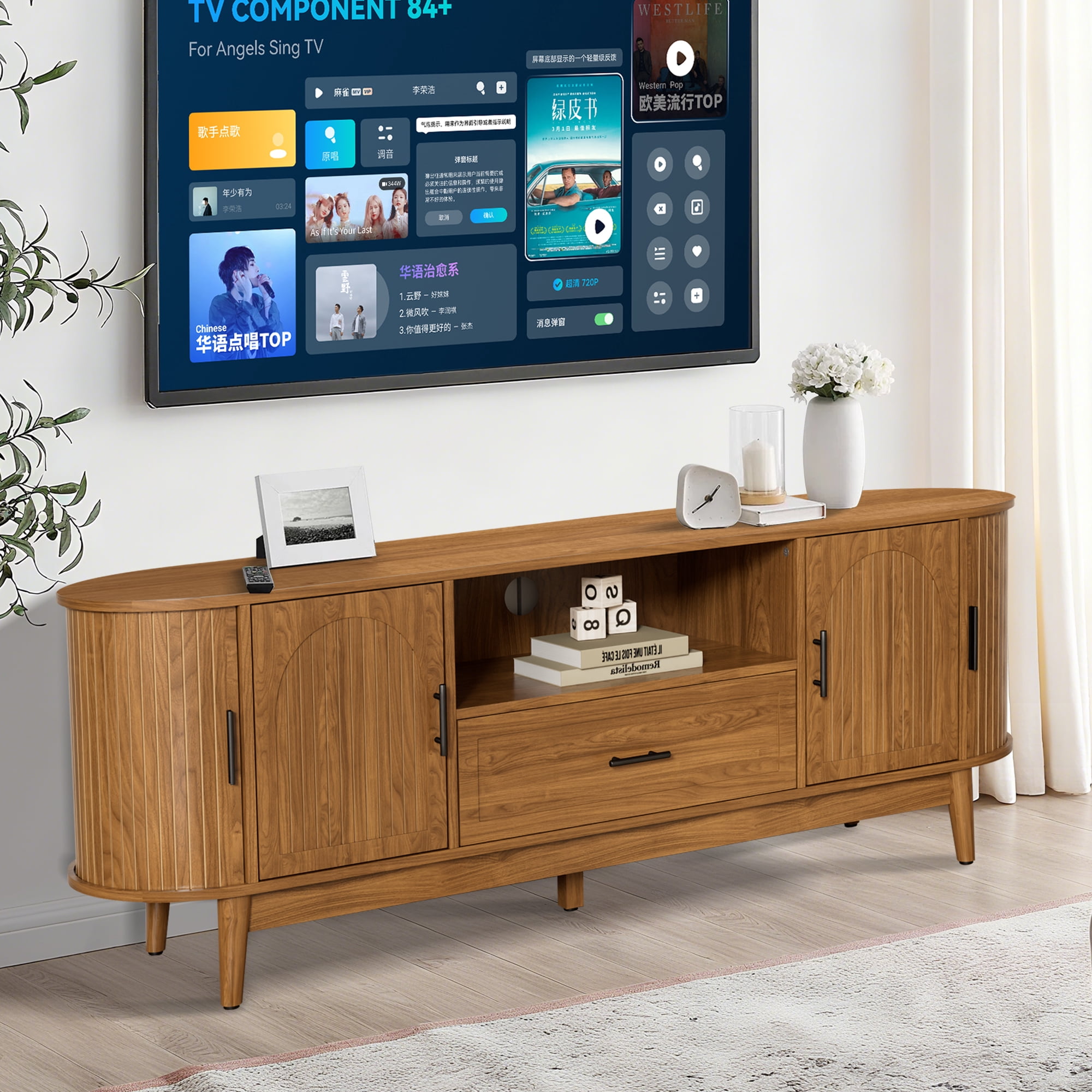 63" TV Stand for Tvs up to 70", Mid Century Modern Fluted Entertainment Center with Drawer and Fluted Doors, Media Console for Living Room Bedroom, Walnut
