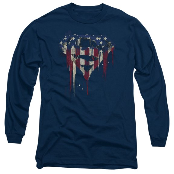 Superman Bleeding Shield Long Sleeve Adult 18/1 T-Shirt Navy