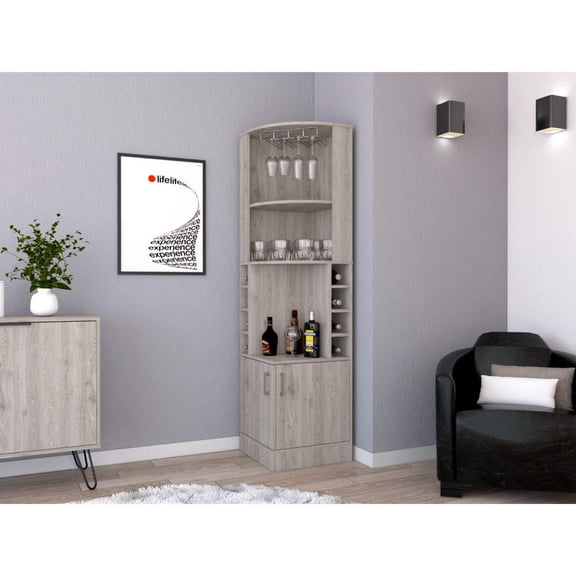 DEPOT E-SHOP Egina Corner Bar Cabinet, Cup Rack, Two External Shelves - Light Grey, For Office