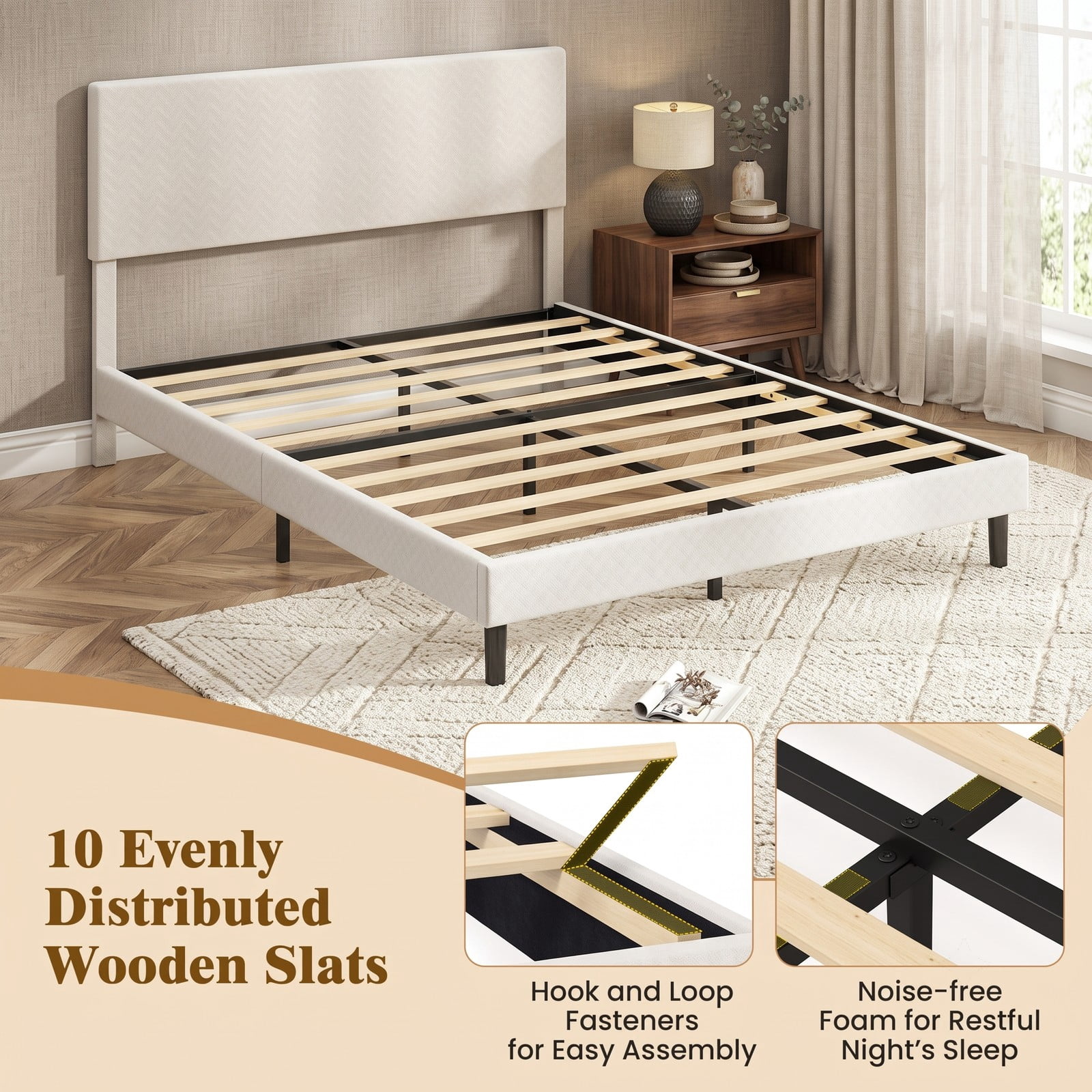 Furnibear Velvet Upholstered Platform Bed Frame with Height Adjustable Chevron Headboard and Wooden Slats for Bedroom, Beige