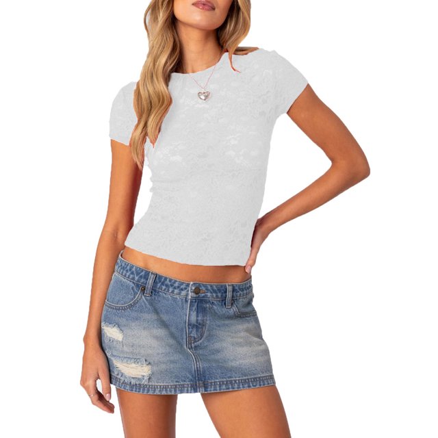 SUNSIOM T-Shirt à Manches Courtes et Col Rond Décontracté en Dentelle pour Femmes Vêtements d'Été