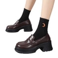 thumbnail image 3 of Fall Dress Shoes for Women, Platform Loafers with Block Heel & Cushioned Footbed, Available in Wide Widths for Work, Outing, and Stylish Brown 39, 3 of 4