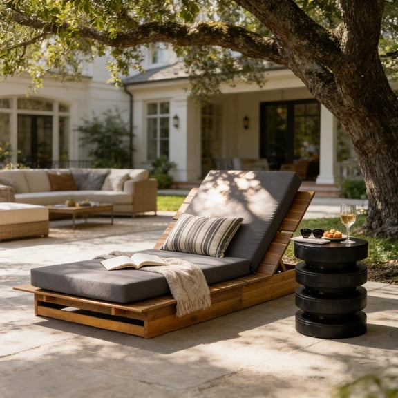TK Acacia Wood Chaise Lounge with Movable Dark Gray Cushion  Wide Teak Finish Patio Lounger 3-Position Recliner 400 lbs Capacity