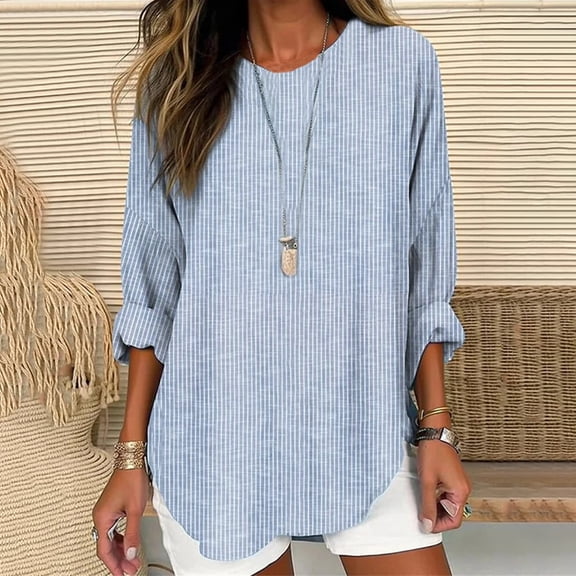 Pxiakgy Women's Striped Shirt Long Sleeve Notched Crew Neck Button Down Casual Blouse Tops Linen Shirts for Women 2025 Trendy Summer Long Sleeve Tops Dressy Casual Loose Boho Cute Blouses Blue L