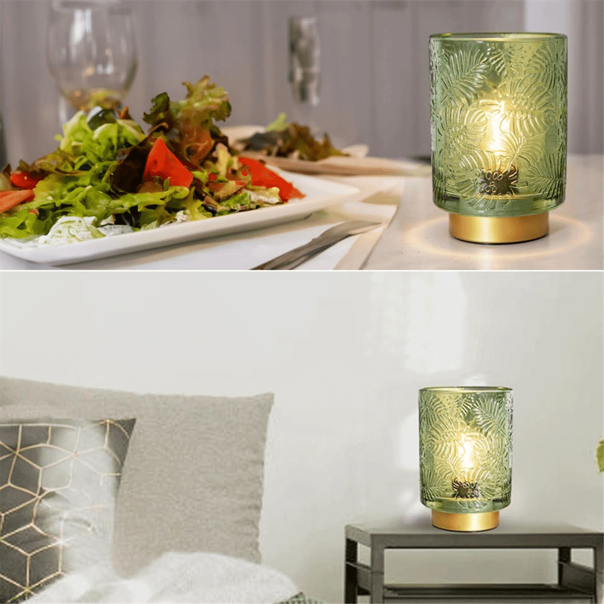Small Battery Operated Lamp - Portable Cordless for Home Decor, Glass Table with Decor Aesthetic Jade Green