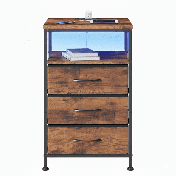 Nightstand, Beddle LED Bedside End Table with Charging Station, Bedroom 3 Fabric Drawers Night Stand, USB/Type-C Ports & Outlets, Brown