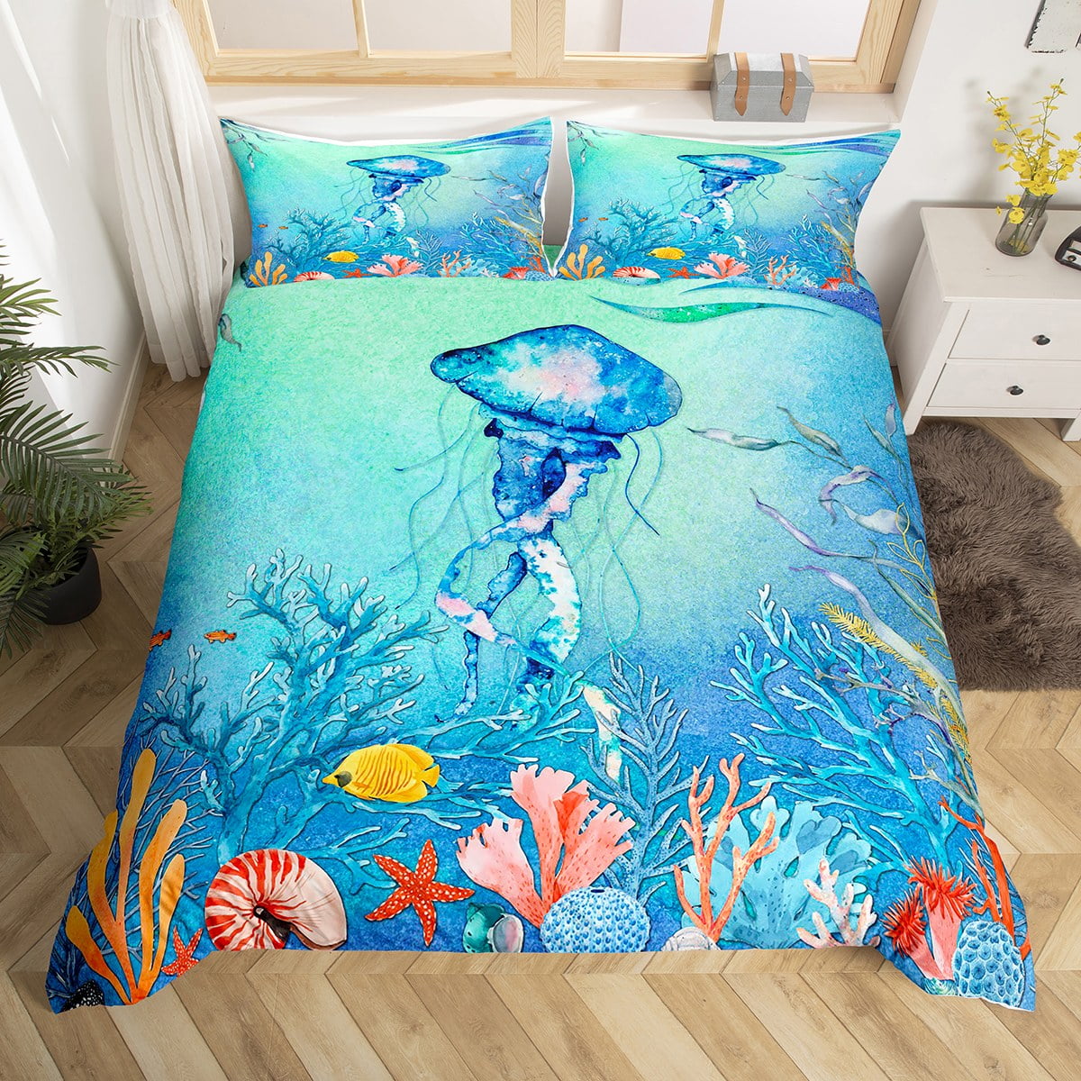 YST Jellyfish Bedding Set Full Size, Teal 3D Jellyfish Comforter Cover