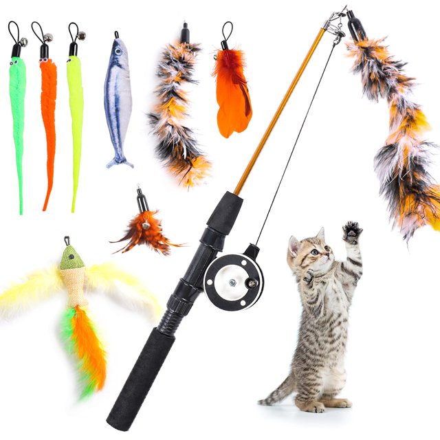 Caña de pescar para gatos APSUAE, retráctil, con varita para gatos y plumas