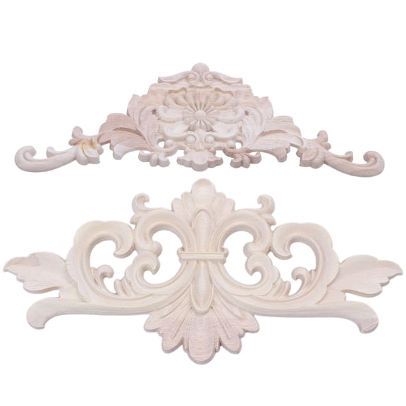 1x Rubber Wood Carved Applique Retro Furniture 38x15x1.2cm & 1x 22x10 cm Wood Carved Corner Onlay Applique Decor Furniture Craft Unpainted,2* Woodcarving Decal,Wood color