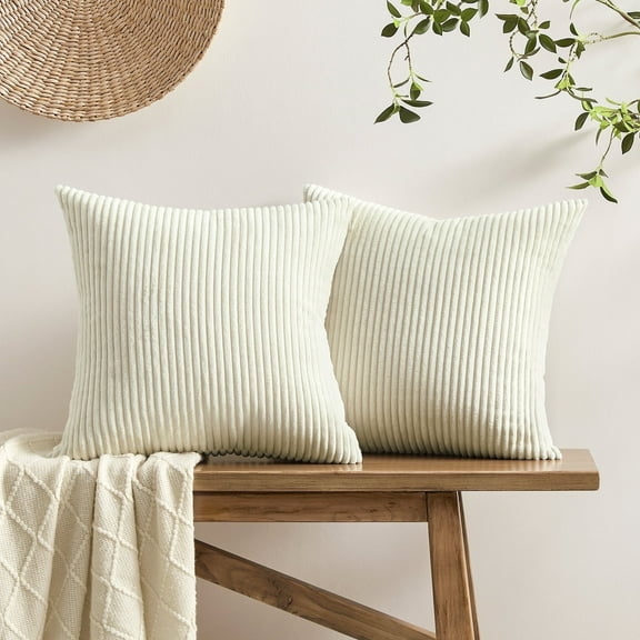 Softalker Throw Pillow Covers, Soft Corduroy Decorative Striped Pillow Cases 18x18 Inch Set of 2, Boho Cushion Pillow Cover for Farmhouse, Couch, Sofa, Bedroom, Living Room, Home Decor (Beige)