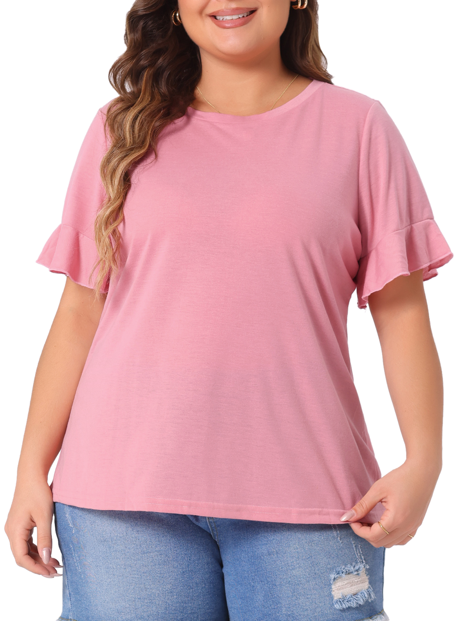 DARING DIVA Women's Plus Plain Crew Neck Ruffle Short Sleeves Blouse 2X Pink
