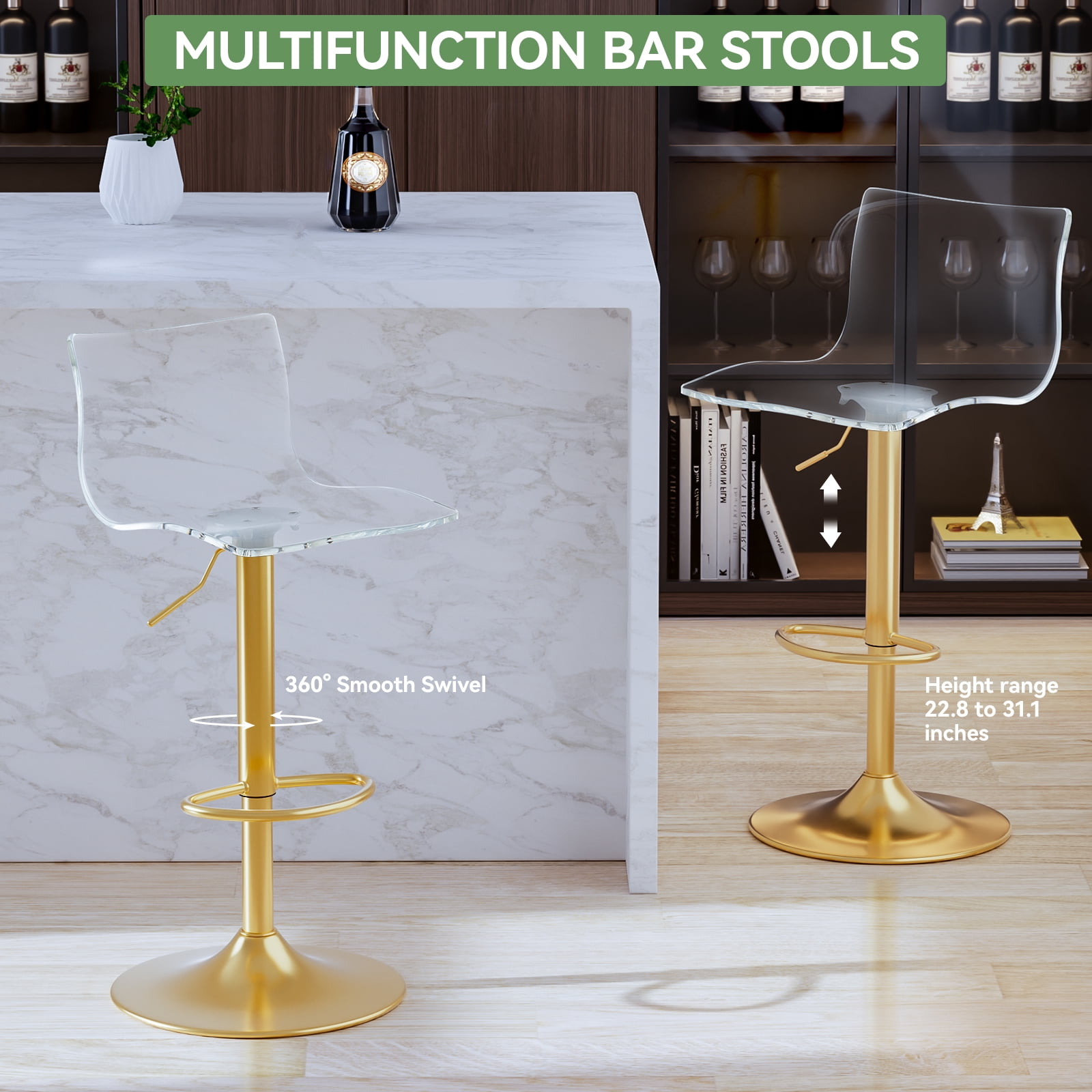 Acrylic Bar Stools Set of 2, Clear Seat Metal Gold Base Barstools, Adjustable 360° Swivel Modern Bar Stool for Kitchen Island, Dining, Bar, Pub