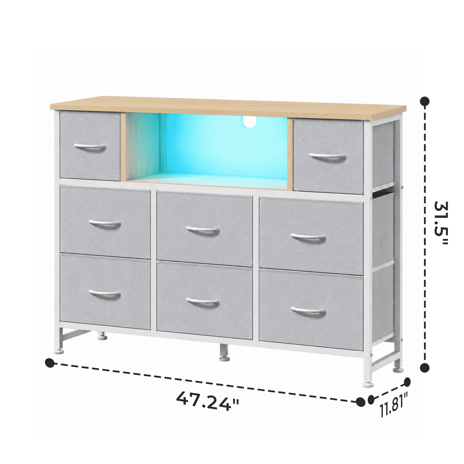 Alvantor Dresser TV Stand for 45, 50, 55 inch TV, Entertainment Center with LED Lights & Charging Station, Chest of Drawers with 8 Fabric Drawers and Open Shelves for Living Room, Hallway, Wood Top