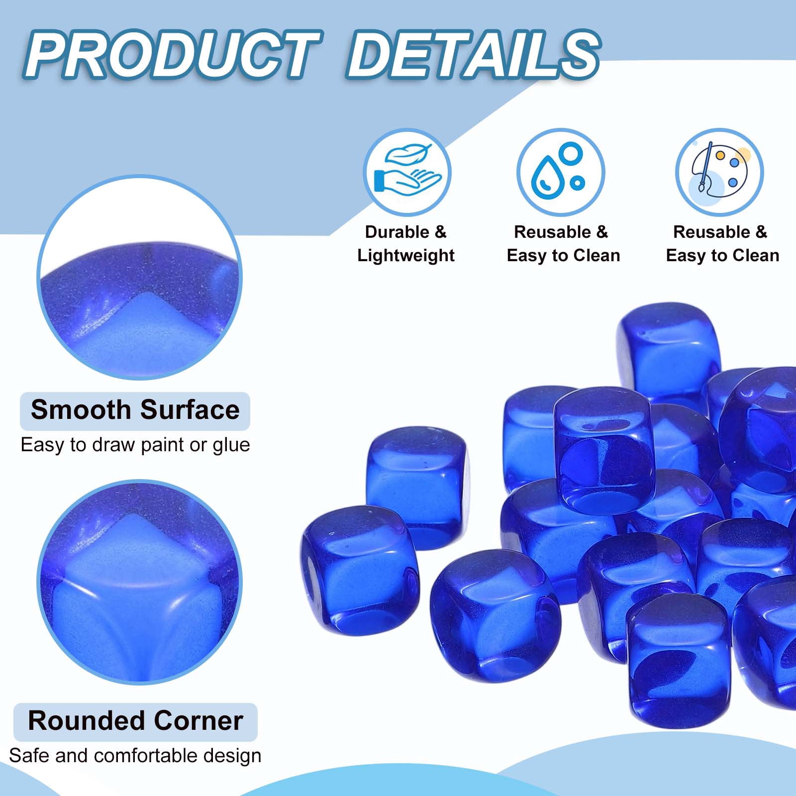 16 mm Clear Acrylic Dice Blank, 100 Pcs Rounded Corner Blank Dice with Smoothed Surface Six Sided for Board, Dark Blue
