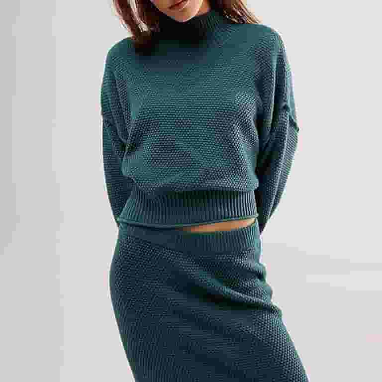 Women Piece Sweater Skirt Set Outfits Neck Long Sleeve Sweater