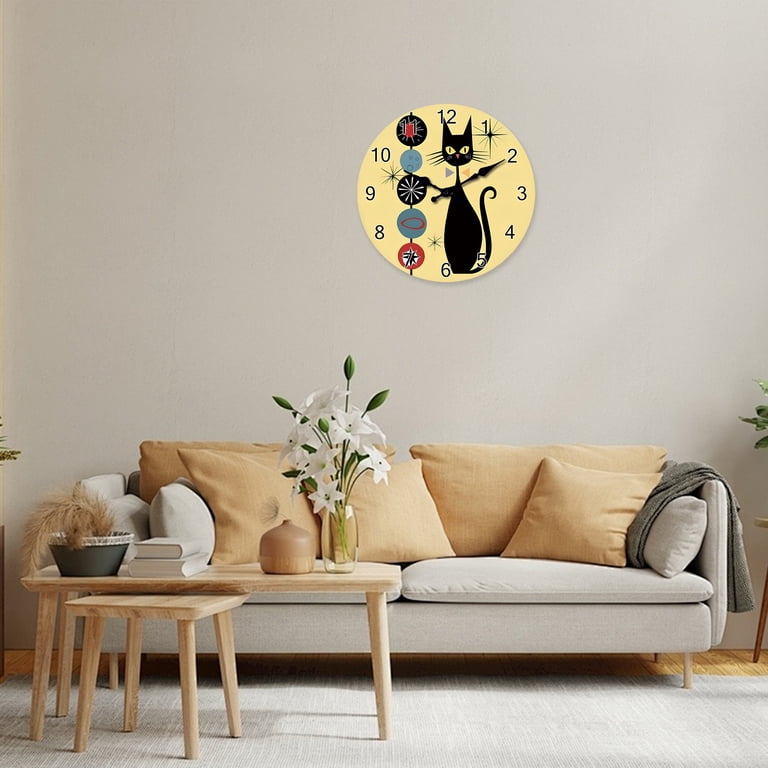 Constantplanet 12 Inch Black Cat Wall Clock Yellow Background photo 4