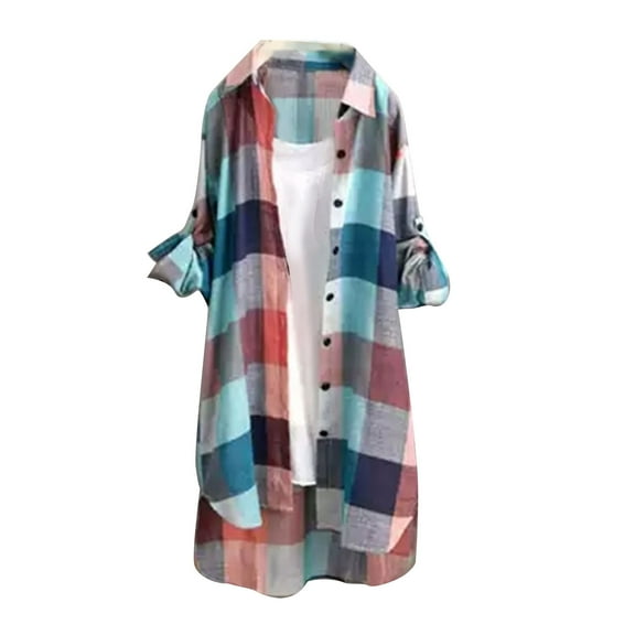 Women's Oversized Button Down Shirts Plaid Print Long Sleeve Blouse Cardigan Casual Baggy Beach Sunscreen Tops