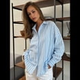 thumbnail image 4 of Camisas de Mujer con Botones, Blusas Clásicas A Rayas de Larga con Cuello y Bolsillo para Oficina Azul XL, 4 of 7