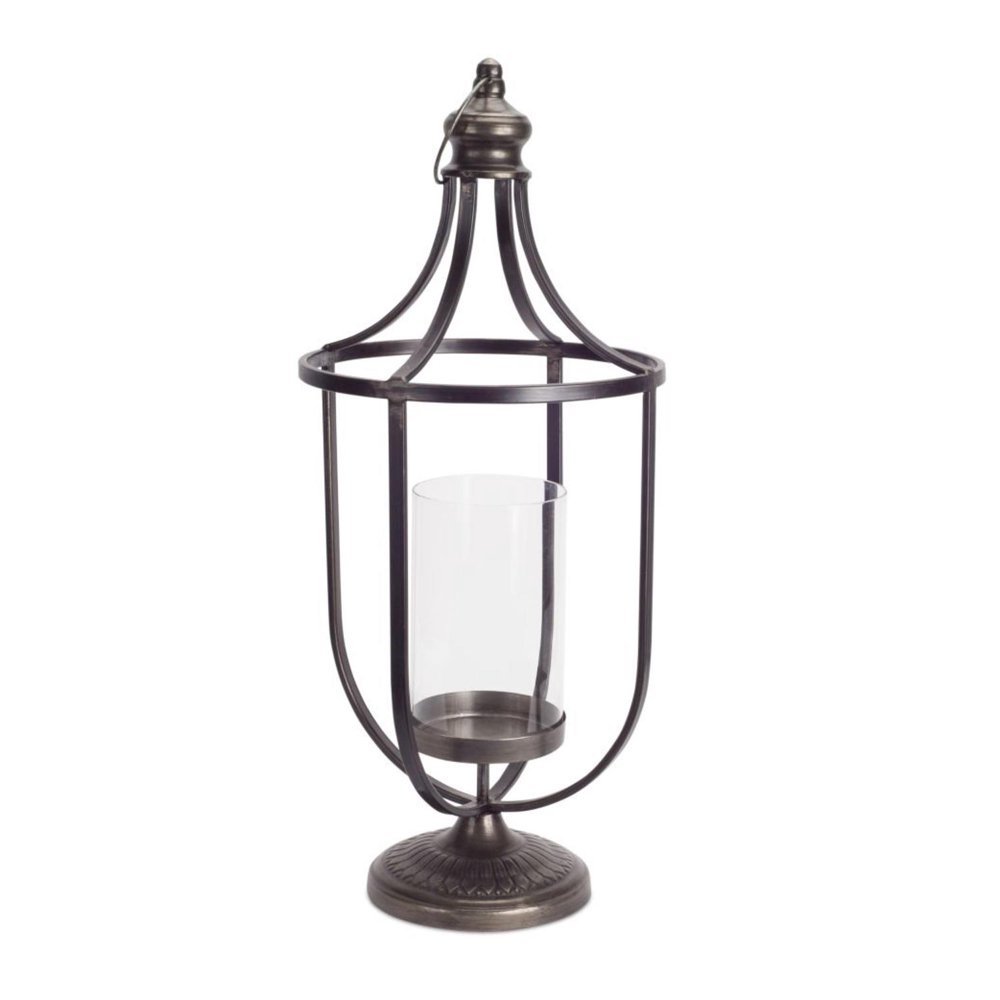 26.5” Rustic Brushed Nickel Colored Metal Pillar Candle Lantern with