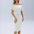 thumbnail image 4 of ZZwxWA Women's 2025 Summer Dress Off the Shoulder Short Sleeve Ribbed Casual Party Bodycon Midi Dresses Solid Color High Waist Sundress Evening Cocktail Party, 4 of 5