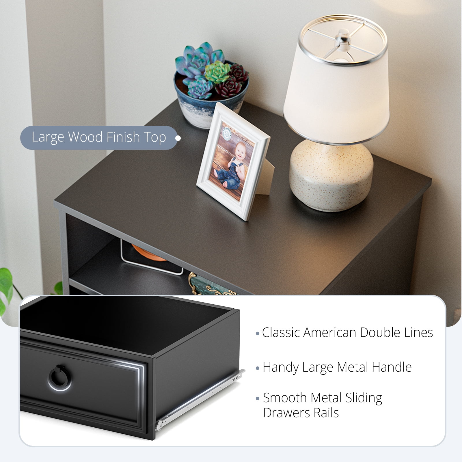 Holliwill Nightstand Set of 2, 2 Drawer Dresser for Bedroom, Bedside Table End Table Side Table for Living Room, Black