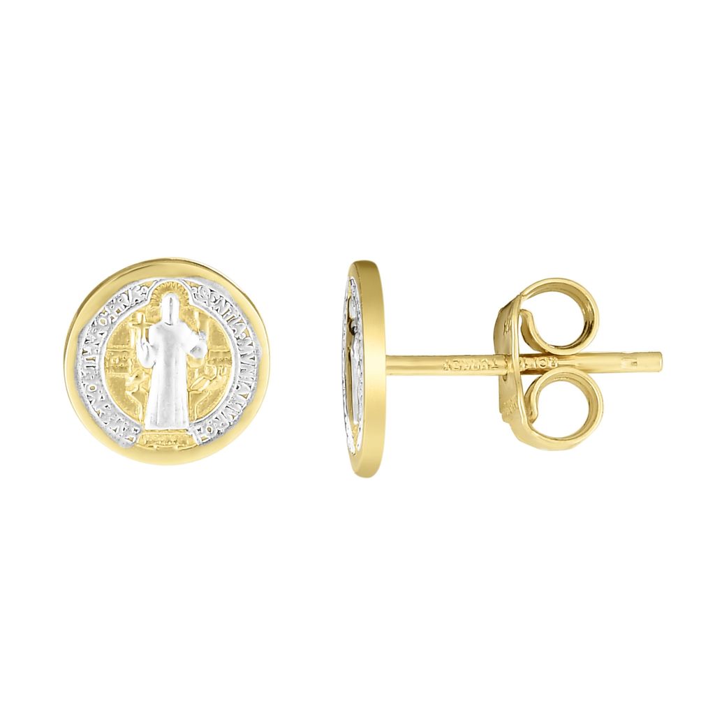 Ritastephens 14k Yellow White Two-tone Gold Mini Round San Benito St Saint Benedict Tiny Medal Stud Earrings For Female Adults, Teens and Kids - image 2 of 5