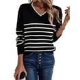 thumbnail image 2 of Suéter de Punto para Mujer, Informal, con Cuello en V, Estampado A Rayas, Holgado, de Larga Negro S, 2 of 9