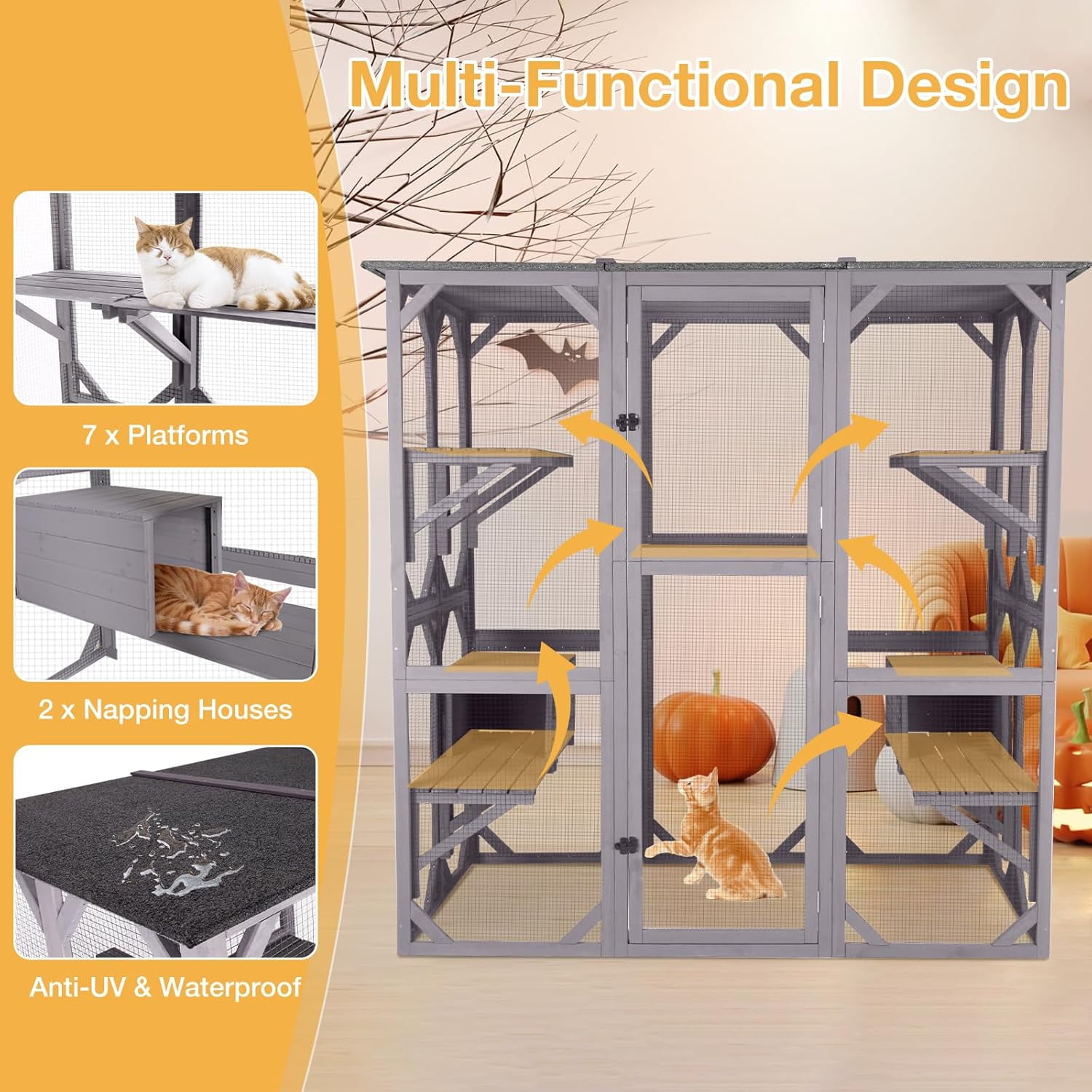 MEDEHOO Outdoor Catio Cat Enclosure, Walk-in Cat House with 7 Jumping Platforms & Weatherproof Asphalt Roof, Extra Large Cat Cage with 2 Napping Houses, Gray
